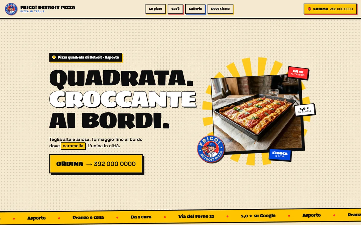 Demo Frico su desktop: pizza in teglia stile Detroit con grafica da fumetto, giallo e crema