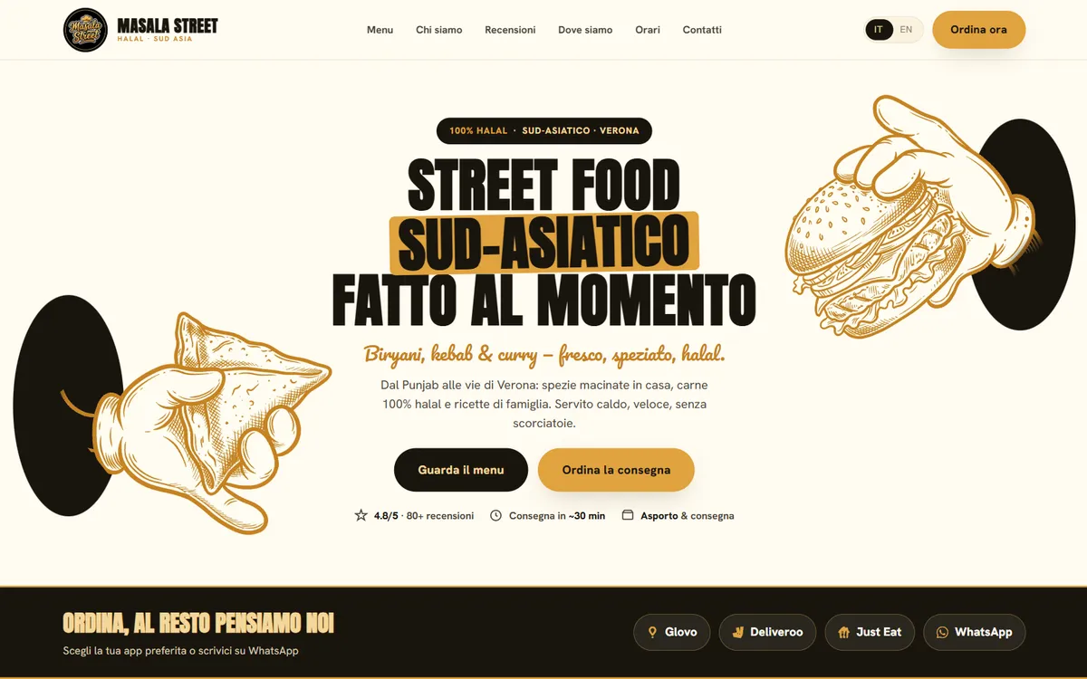 Demo Masala Street su desktop: street food sud-asiatico con illustrazioni in stile incisione su fondo crema