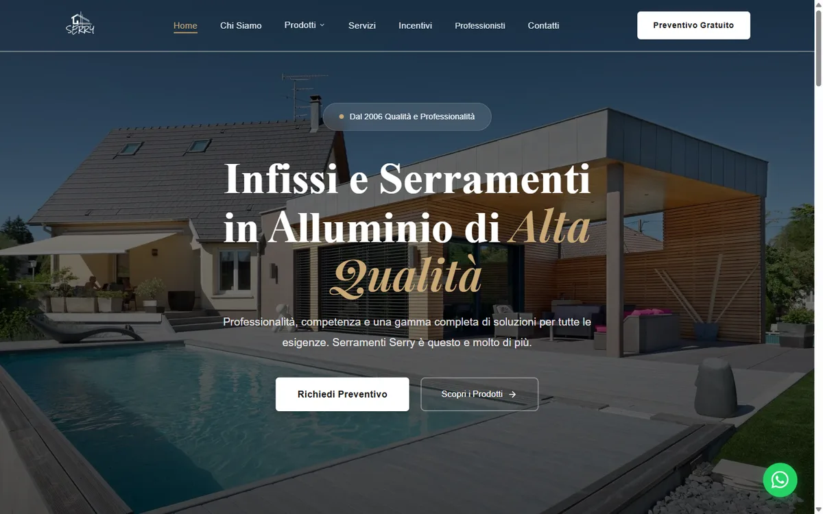 Il sito di Serry su desktop: una villa moderna con serramenti in alluminio e la richiesta di preventivo in evidenza